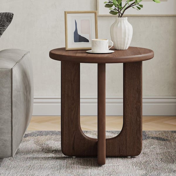 Sawyer 24 in. Walnut Modern Round Wood End Table with Solid Wood Legs