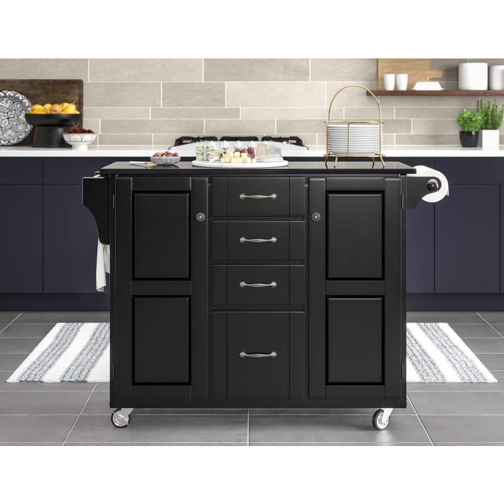 Black Granite Top Kitchen Cart with Storage and Spice Rack
