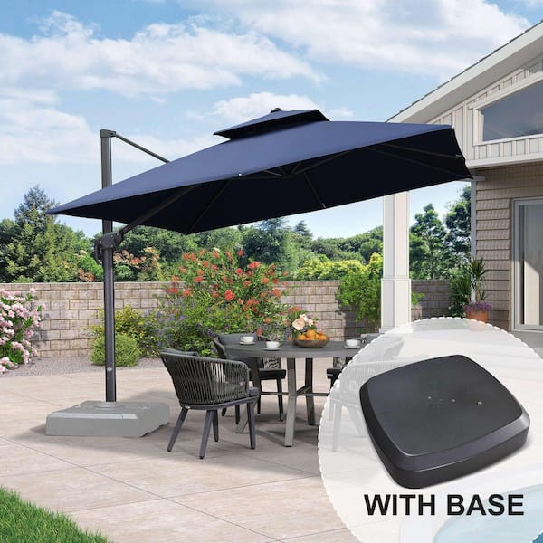 10 ft. Square 2-Tier Aluminum Cantilever 360-Degree Rotation Patio Umbrella with Wheels Base, Navy Blue