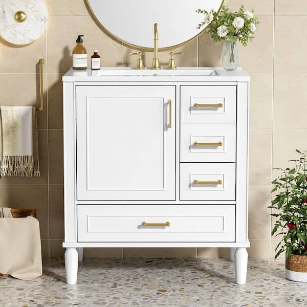 EPOWP 30 in. Single Sink Freestanding White Bath Vanity with White Ceramic Top and 3 Drawer Storage Cabinet Unassembled