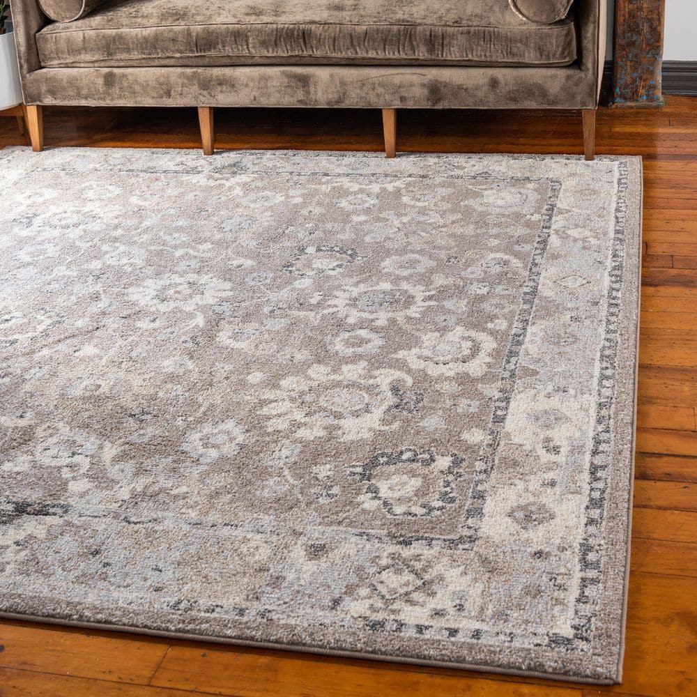 8' Square Light Brown Floral Synthetic Rug