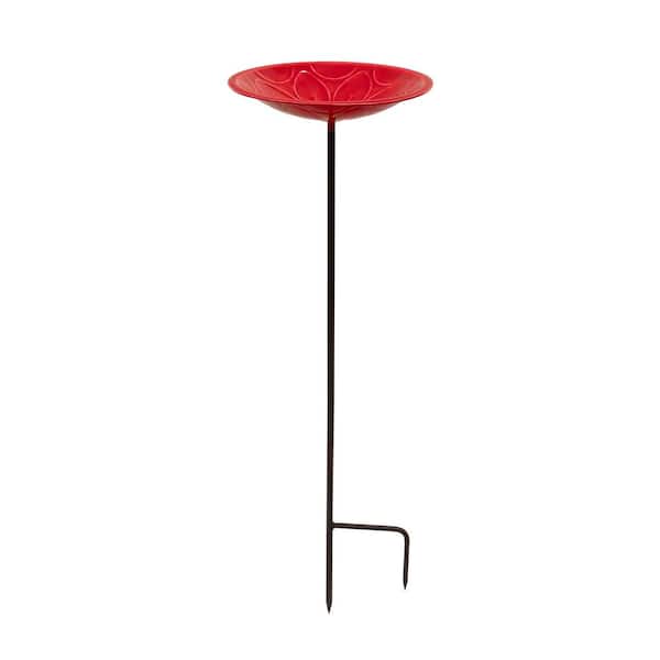 12 in. Petunia Lolly Birdbath with Stake, Solid Brass, Outdoor, Petunia Red, Glass Enamel Finish
