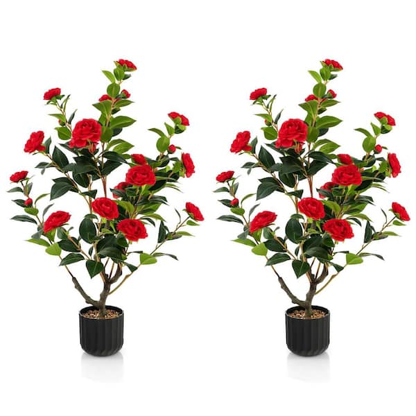 3 ft. Red Artificial Camellia Tree Topiary Faux Floral Plant Fake Tree for Decoration in Pot (2-Pack)