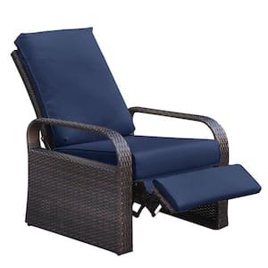 Outdoor Wicker Automatic Adjustable Lounge Recliner Chair with Comfy Thicken Cushion, All Weather Aluminum Frame Blue