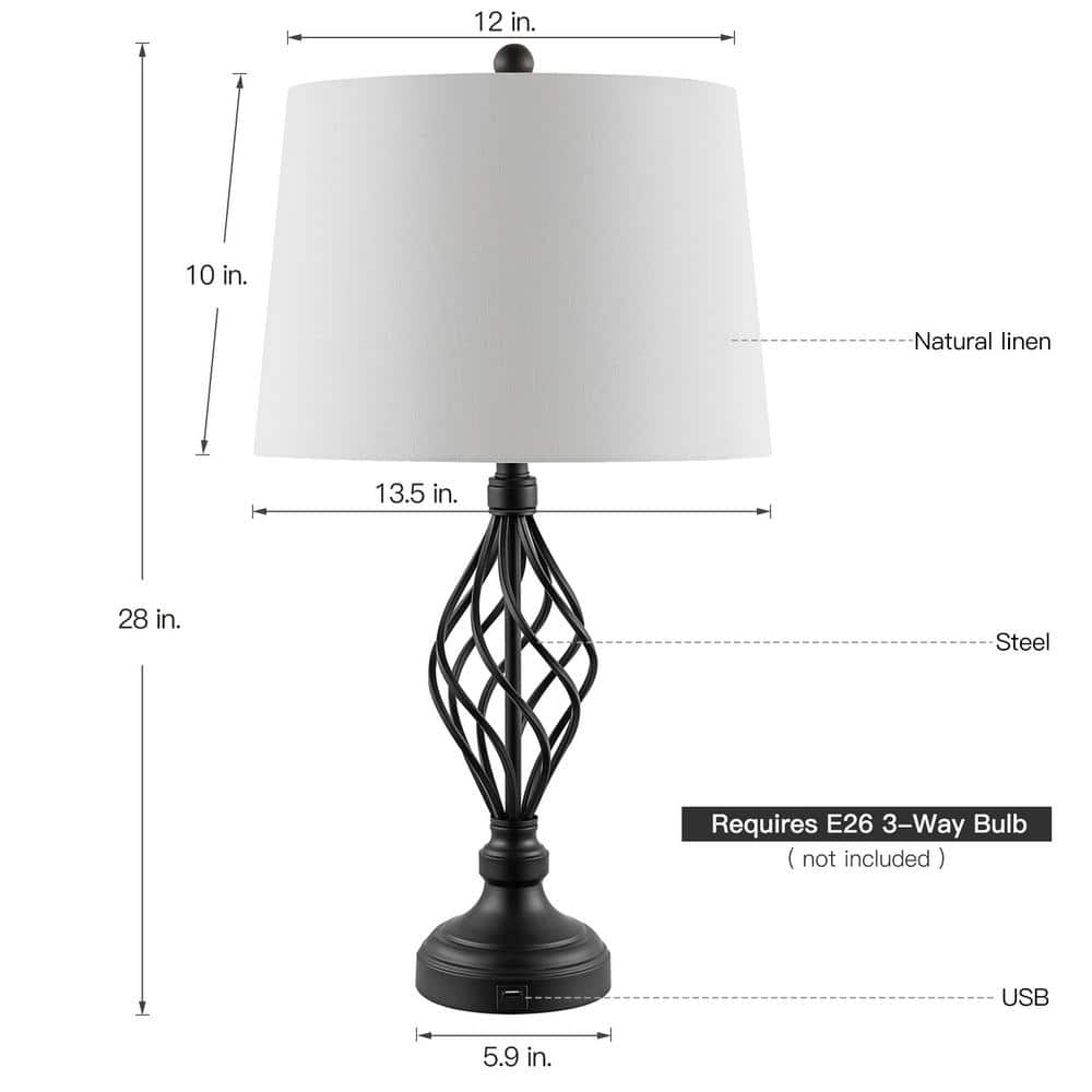 28 in. Bronze Table Lamps Set with White Linen Shade and USB Ports