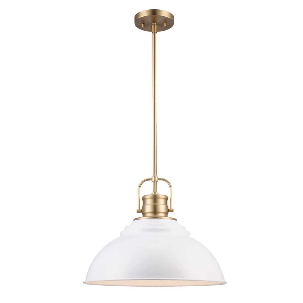 Shelston 16 in. 1-Light White and Brass Farmhouse Pendant Light Fixture wit