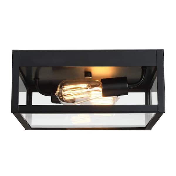 Avex 12 in. 2-Light Matte Black Semi-Flush Mount with Glass Shade and No Bulbs Included