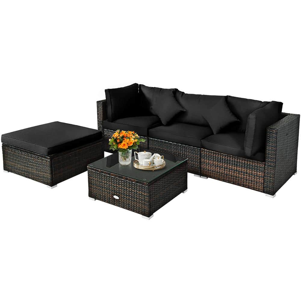 Costway 5-Piece Wicker Patio Conversation Set with Black Cushions QD ...