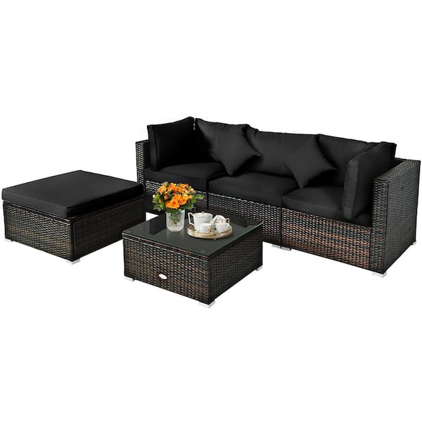 Costway 5-Piece Wicker Patio Conversation Set with Black Cushions