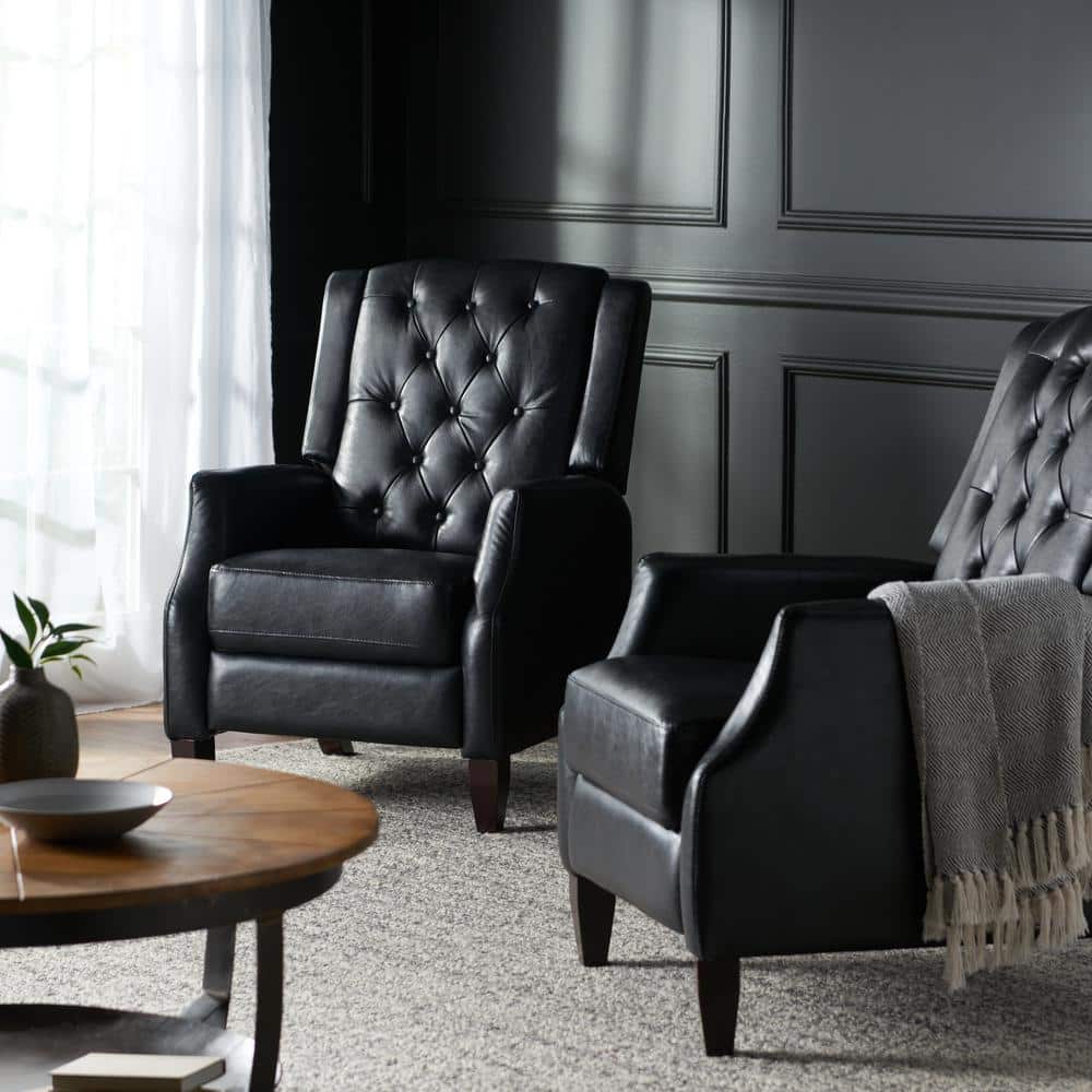 Midnight Black and Dark Brown Faux Leather Wood Recliner Set
