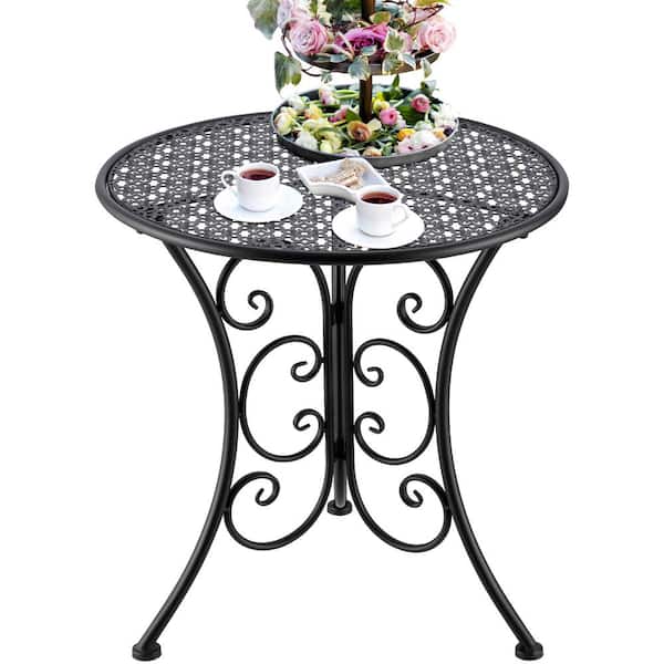 WIAWG 20 In. Black Round Metal Patio Outdoor Side Coffee Bistro Table, Outside All Weather Iron End Table for Garden Porch