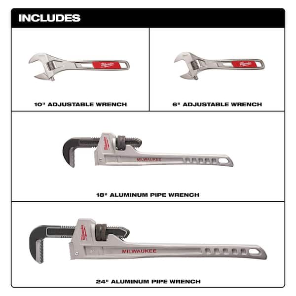 24 in. Aluminum Pipe Wrench, 18 in. Aluminum Pipe Wrench, 6 in. and 10 in. Adjustable Wrench set