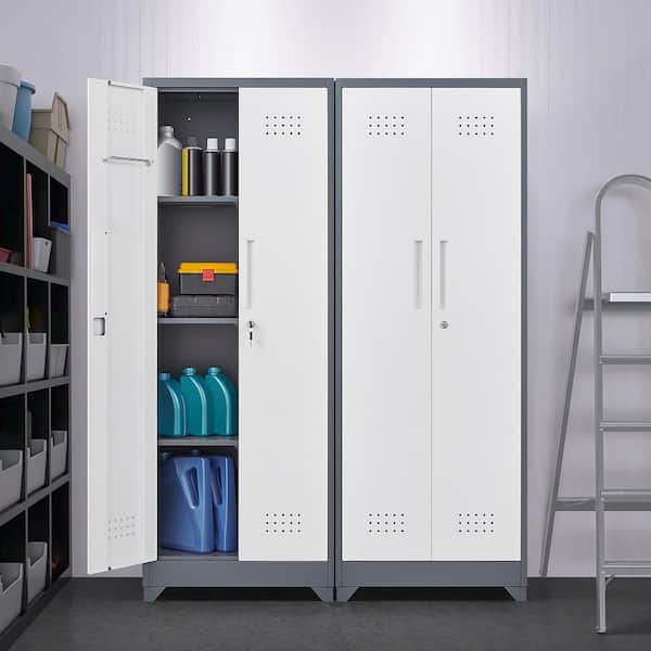 White 23.6 in. Metal Broom Storage Cabinet with 4 Shelves and Locking Doors, Hanging Rod and S-Hooks Utility Locker
