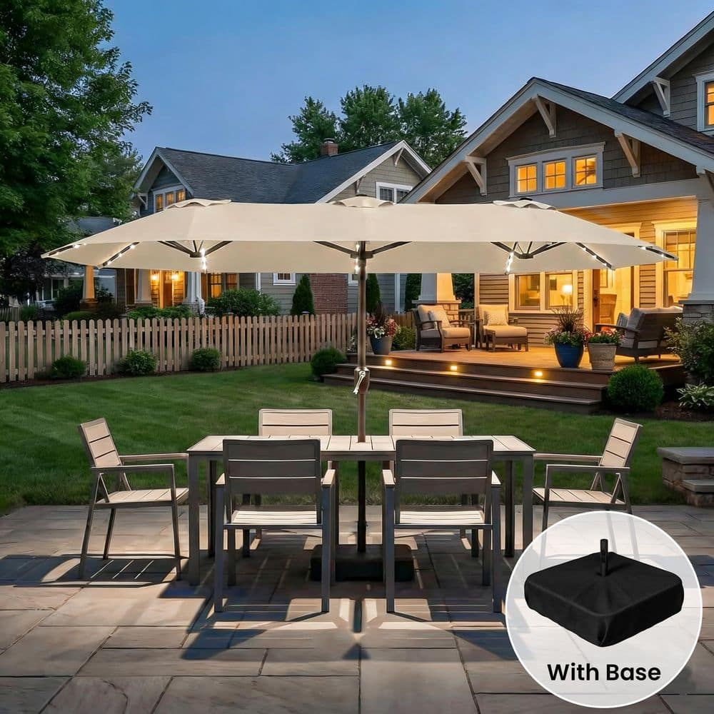 attached to a patio umbrella to provide additional shade Aynova 15 ft. Large Double-Sided Patio Umbrella with 36-Solar LED and  Sandbag Base Fillable up to 160LB in Beige MDS1509-Bei-L