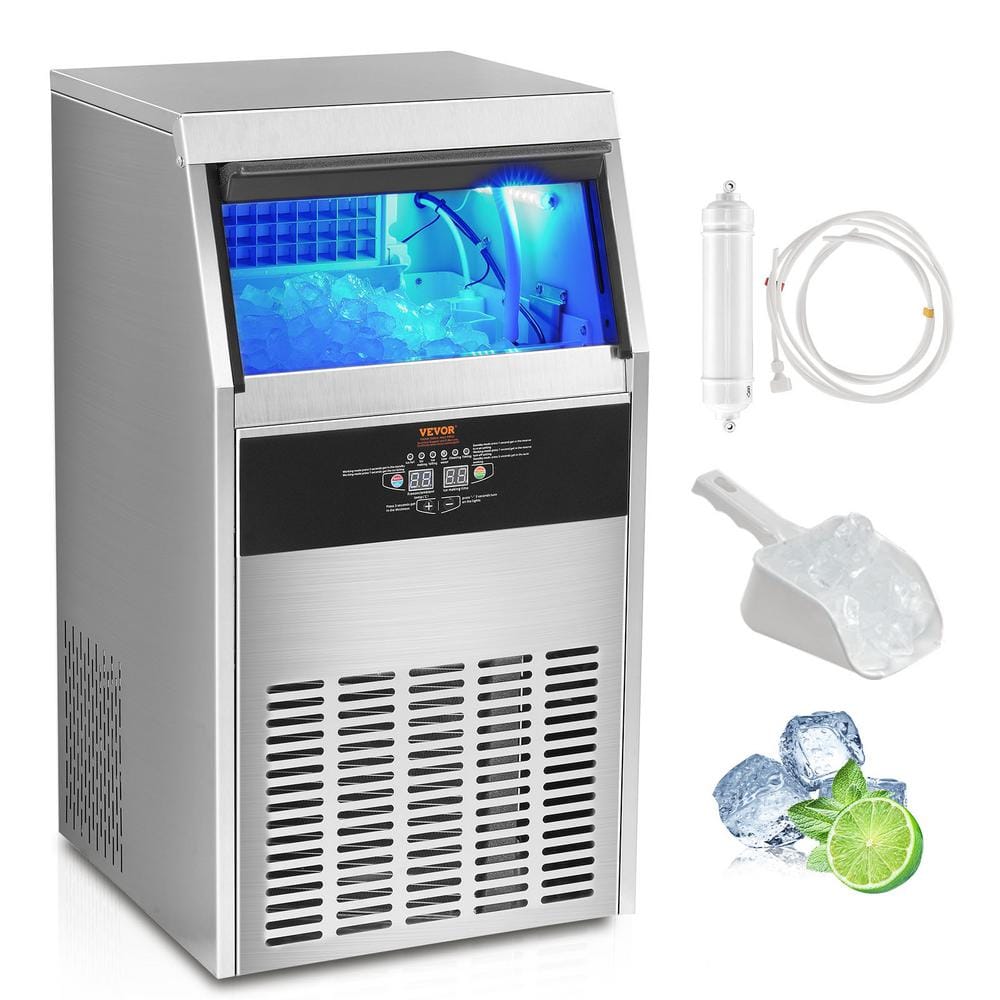 Commercial Ice Maker 130 lbs./24 in. H Full Size Cubes Freestanding Ice Maker Machine with 33 lbs. Storage in Silver