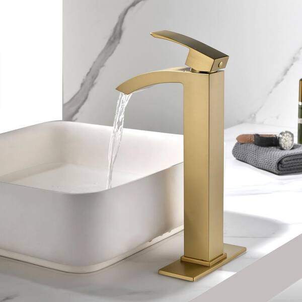 Modern Tall Brushed Gold newest Wide Waterfall Spout Handle Bathroom Sink Faucet