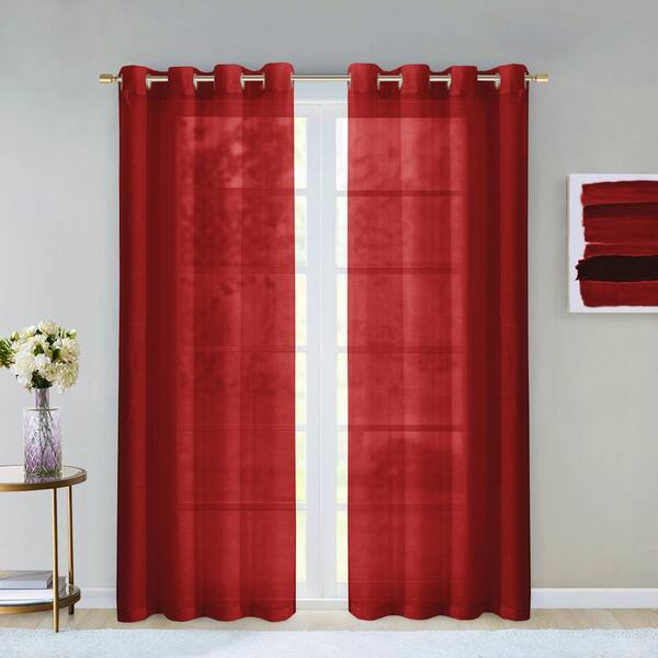 Set Of 2 Sheer Voile Window Curtain Panels, 84\" Long, Red