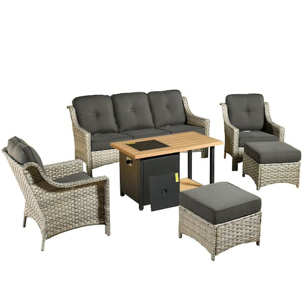Eureka Grey 6-Piece Wicker Outdoor Patio Conversation Sofa Seating Set with a Storage Fire Pit and Black Cushions
