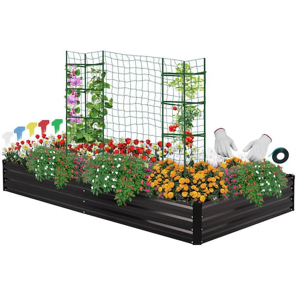 8 ft. x 4 ft. x 1 ft. Metal Raised Garden Bed, Metal Raised Garden Bed Kit with 2 PCS Tomato Cage, Black