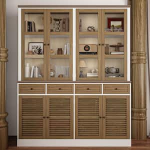 Countryside Style Brown Wood Storage Cabinet Cupboard With Louvered & Glass Doors, Drawers, Adjustable Shelves