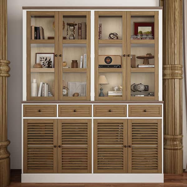 FUFU&GAGA Countryside Style Brown Wood Storage Cabinet Cupboard With Louvered & Glass Doors, Drawers, Adjustable Shelves