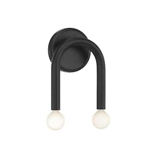 Meridian 6.25 in. W x 9.25 in. H 2-Light Matte Black Wall Sconce with Curved Arms and Exposed Bulbs