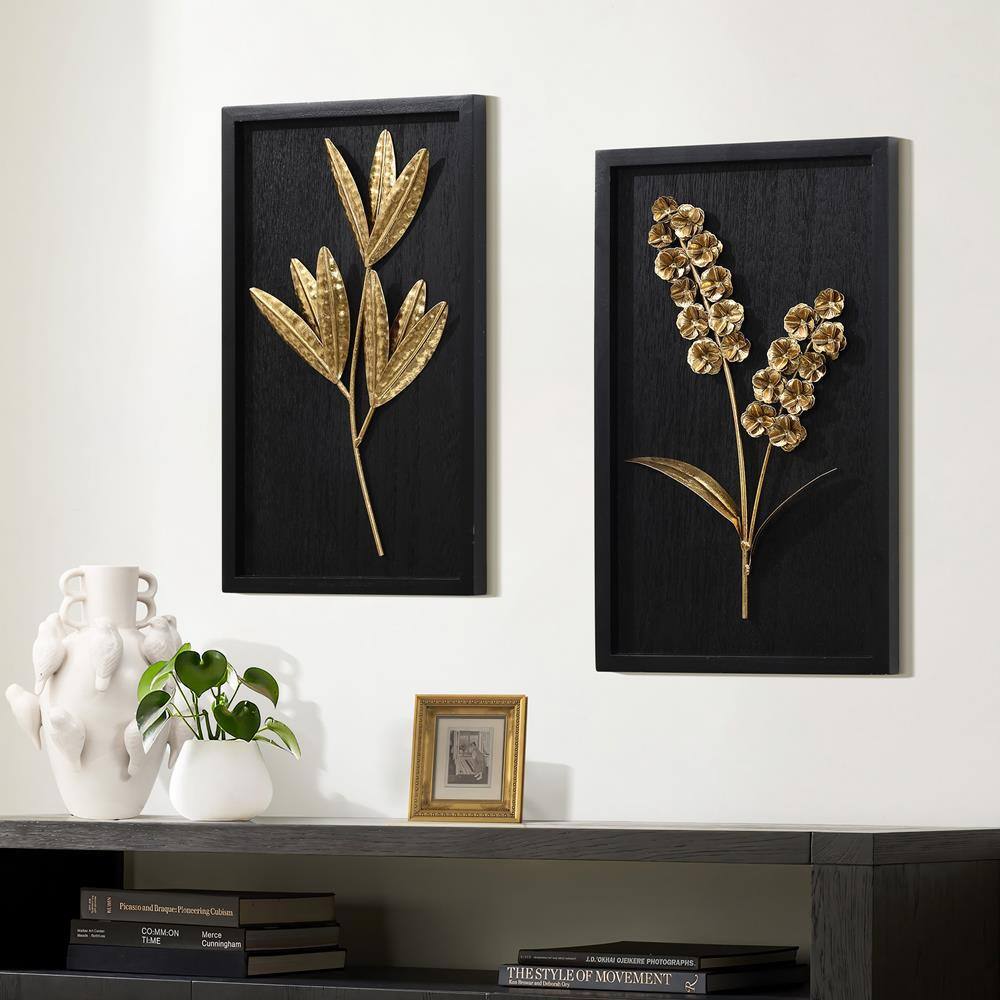 Gold and Black Metal Flower Bouquet Wall Sculpture Set