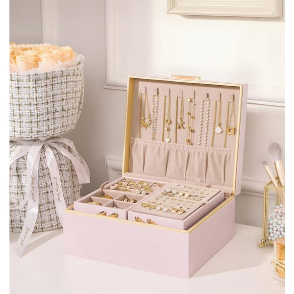Jewelry Box Organizer 2 Layer Large Pink Faux Leather Jewelry Box