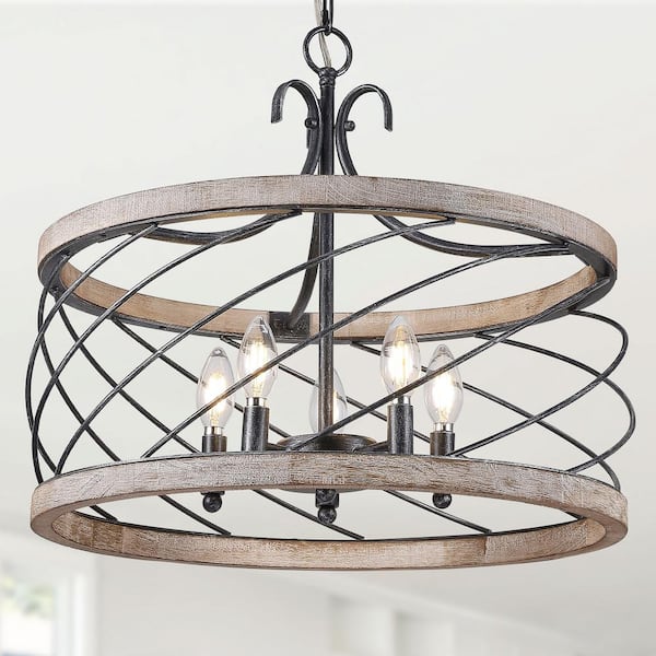 Bella Depot 20 in. Iron 5 light Weathered Wood Drum Caged Chandelier Hanging Pendant Light for Kitchen Living Room