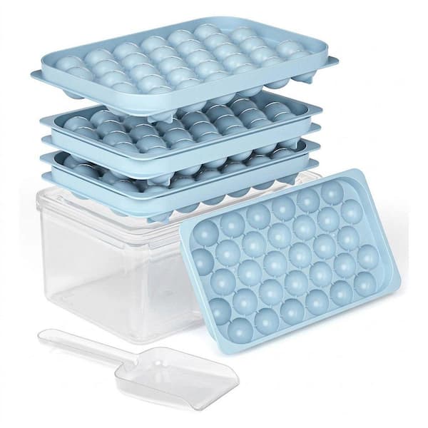 Blue Mini Sphere Ice Mold Ice Cube Tray 2-Pack Kitchen Set with Lid and Bin for Cocktails and Coffee