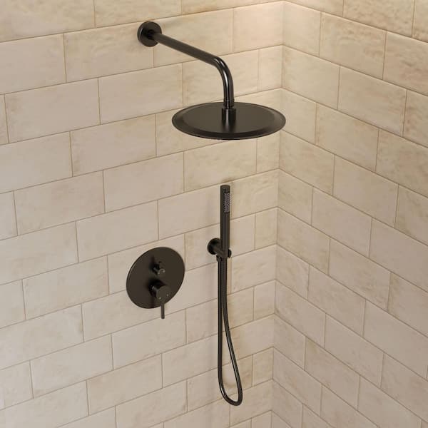 Pressure Balance Wall Mount 10 in. Round Double Handle 2-Spray Shower Faucet 2.5 GPM with Anti Scald in Matte Black