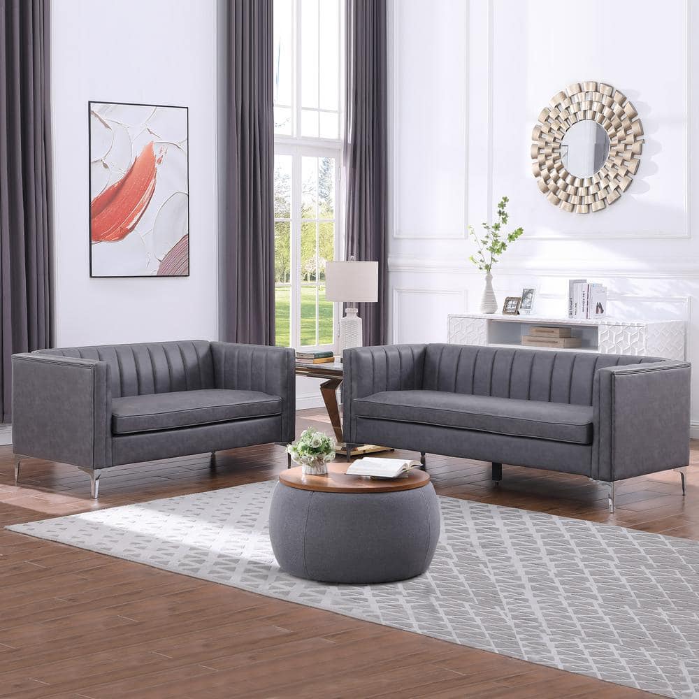 Morden Fort 2 Pieces Grey Leather Sofa Set Loveseat and Sofa with Channel Backrest Simplicism 8695 2 3 The Home Depot