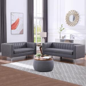 2-Pieces Grey Leather Sofa Set Loveseat and Sofa with Channel Backrest Simplicism