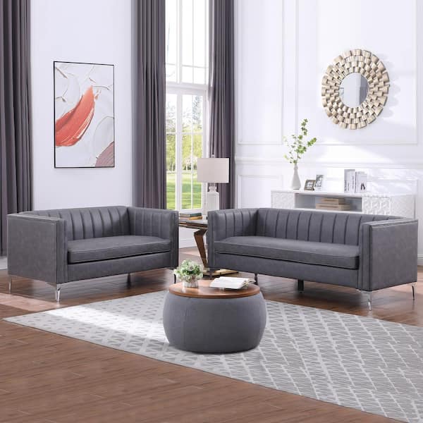 Morden Fort 2 Pieces Grey Leather Sofa Set Loveseat and Sofa with Channel Backrest Simplicism 8695 2 3