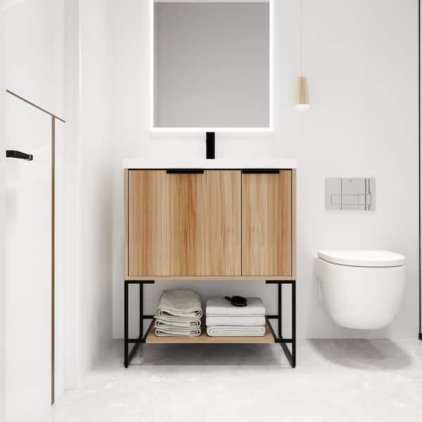 ARTCHIRLY 29.5 in. W x 18.1 in. D x 35 in. H Freestanding Bath Vanity in Light Brown with White Resin Vanity Top
