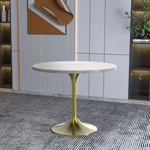 Verve Mid-Century Modern 36 in. Round Dining Table with Sintered Stone Top and Brushed Gold Pedestal Base (White)