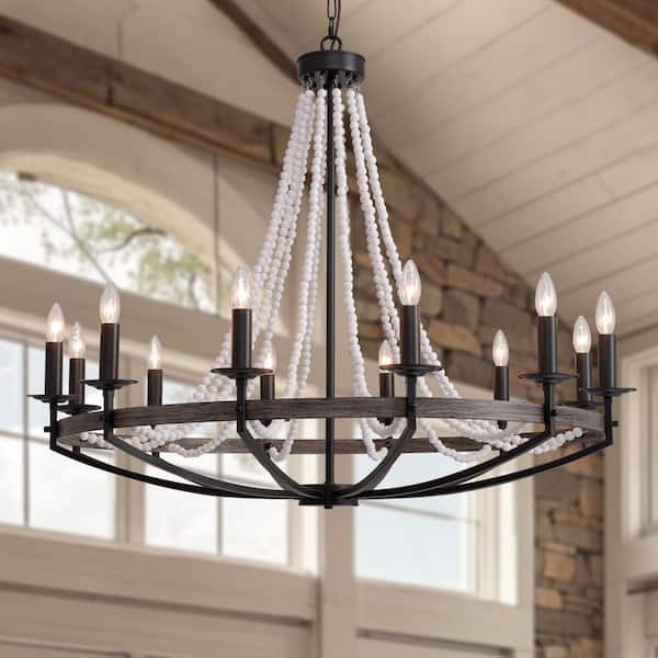 SILJOY 40 in. Farmhouse Black 12-Light Candlestick Vintage Circle Iron Wagon Wheel Chandelier for Dining Room Living Room