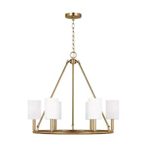 Egmont 6-Light Satin Brass Large Chandelier with White Linen Fabric Shades