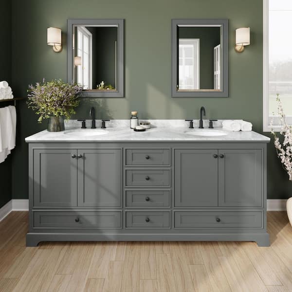 Wyndham Collection Deborah 80 in. W x 22 in. D x 35 in. H Double Bath Vanity in Dark Gray with White Carrara Marble Top and 24 in. Mirrors