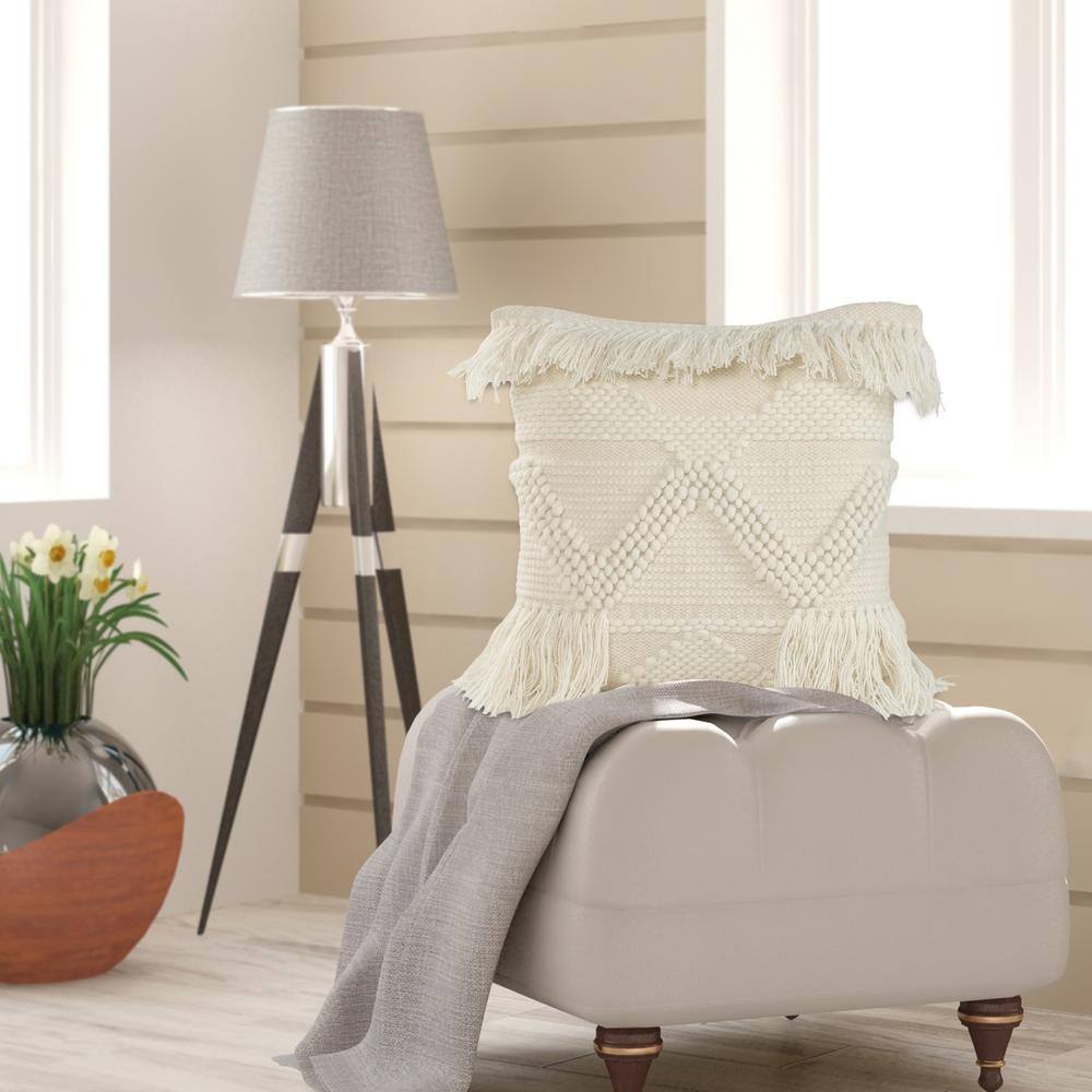 Ivory Embroidered Square Throw Pillow with Fringe