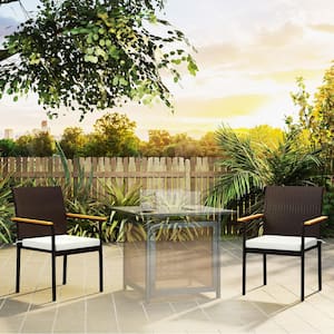 Stackable Patio Wicker Outdoor Dining Chairs with (Set of 2) Cream White Cushions