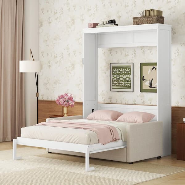 Uriah White Wood Frame Queen Size Murphy Bed Wall Bed with Sofa, Cushion