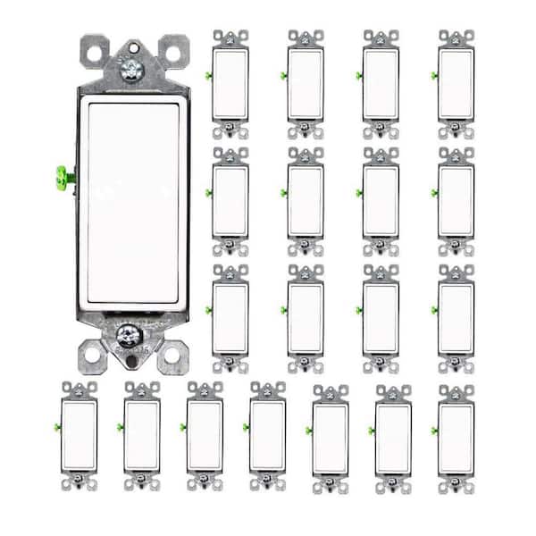 Decorator 15 Amp Single-Pole Paddle/Rocker Wall Light Switch, White (20-Pack)