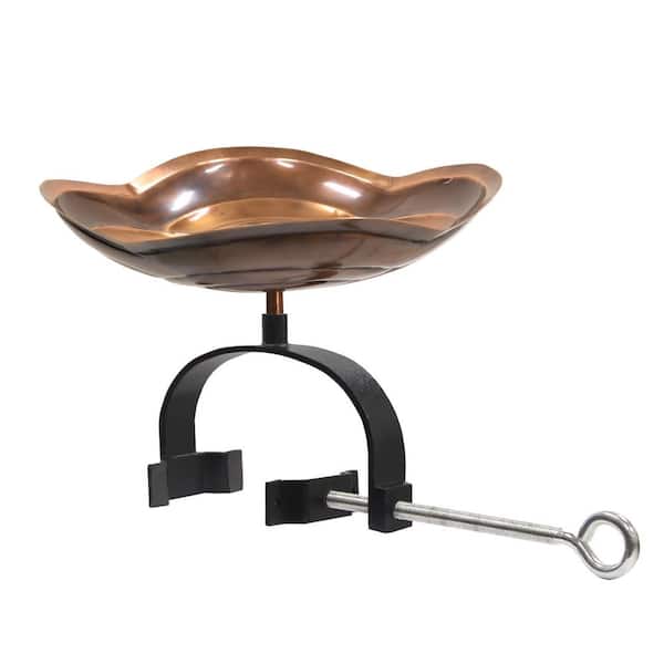 14 in. L Round Antique Copper Finish Brass Dara Knot Birdbath w/ Wrought Iron Over Rail Bracket