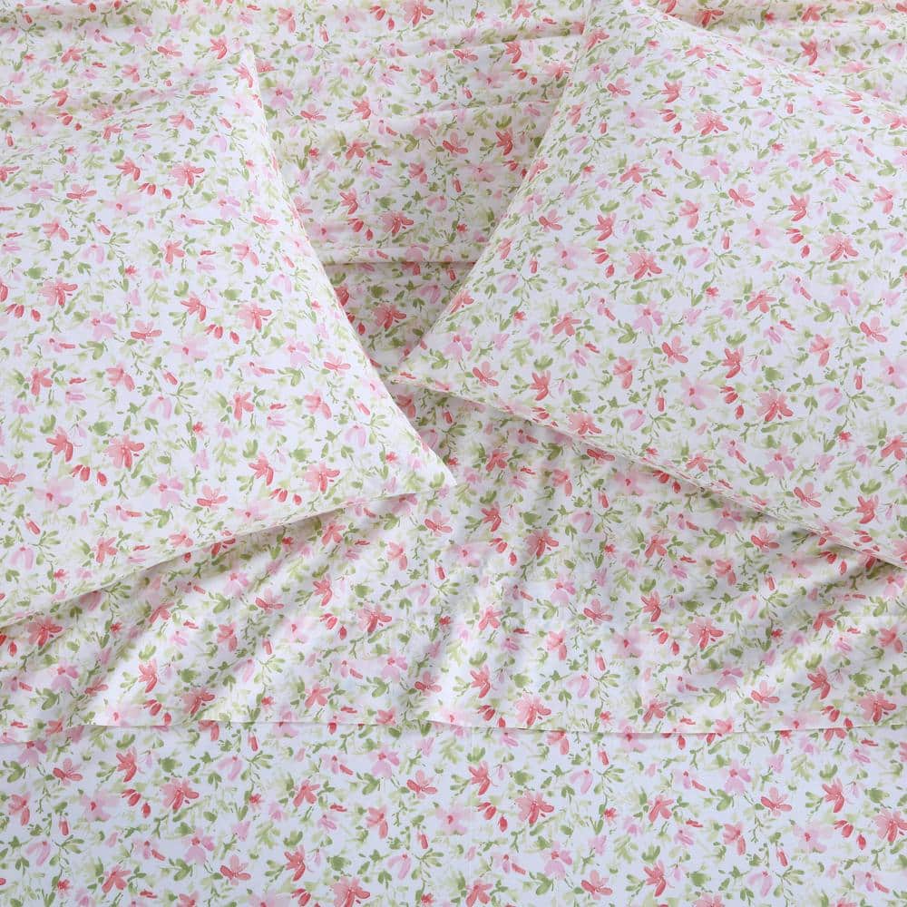 Norella Pink Twin Cotton Percale Floral Sheet Set