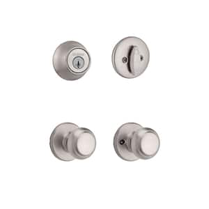 Cove Satin Nickel Passage Door Knob and Single Cylinder Deadbolt Combo Pack featuring SmartKey Security