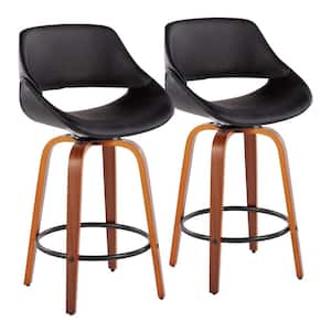 Fabrico 38 in. Black Faux Leather and Walnut Wood High Back Counter H Bar Stool with Round Black Footrest (Set of 2)