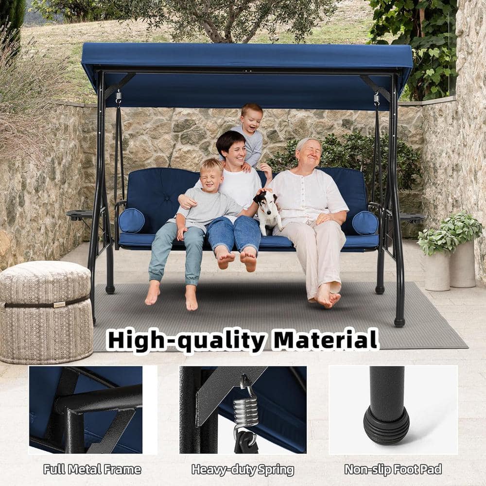 Blue Cushioned Steel Frame 3-Person Porch Swing with Adjustable Canopy