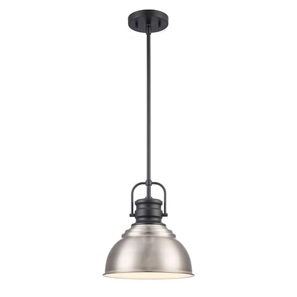 Home Decorators Collection Shelston 10 in. 1-Light Brushed Nickel and Black Farmhouse Pendant Light Fixture with Metal Shade
