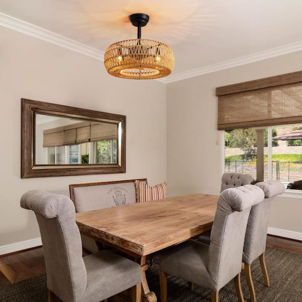 20 in. Indoor Boho Brown Twine Caged Low Profile Ceiling Fan with No Bulb Included with Remote Included